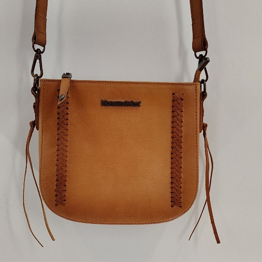 Montana West 100% Genuine Leather Whipstitch Crossbody Bag Brown Pockets